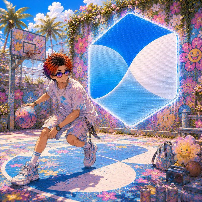 A vibrant anime-style illustration of a person with orange hair playing basketball on a colorful court with a large glowing blue and white logo on the wall, surrounded by flowers and graffiti.