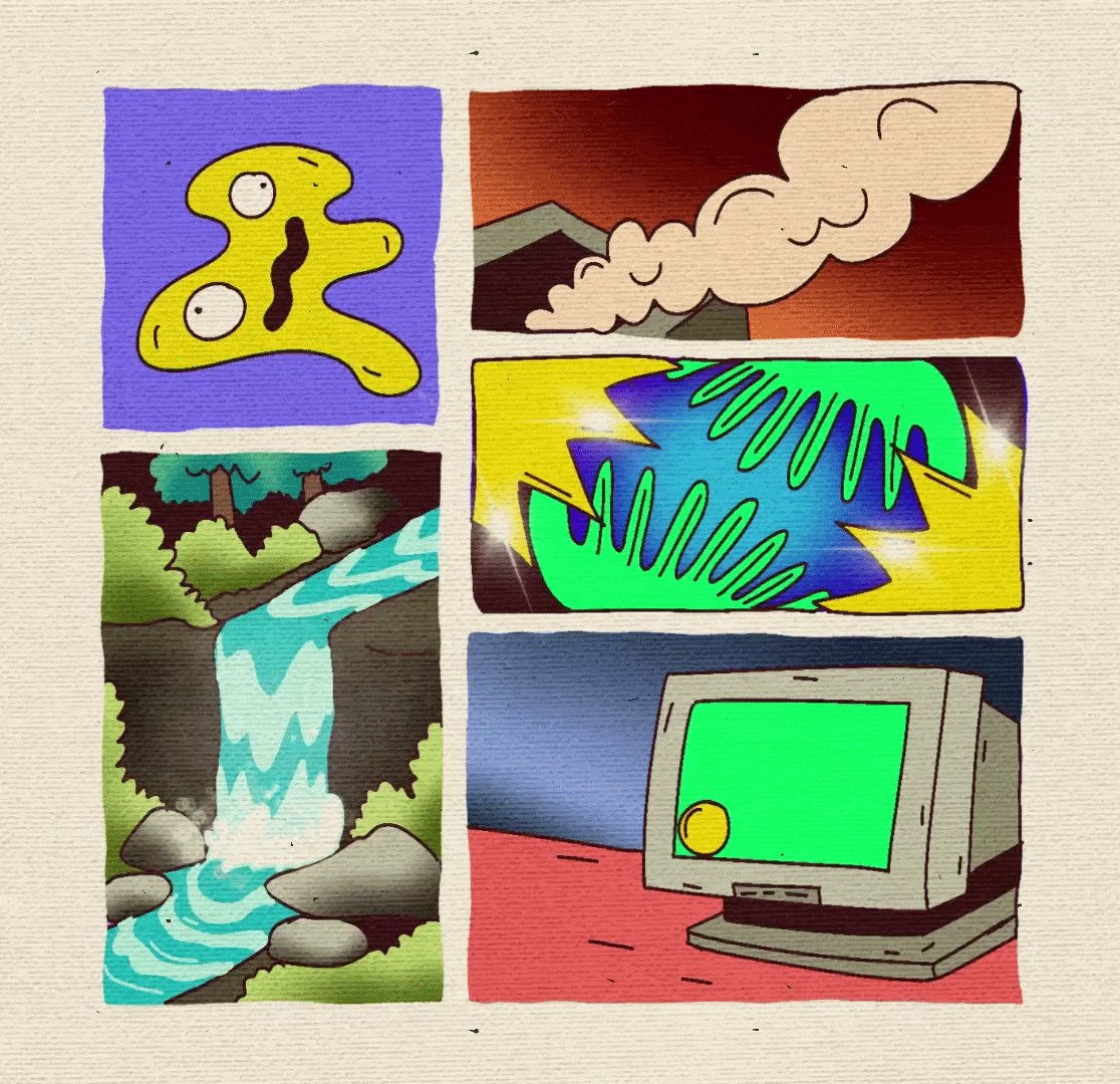 The image features a cartoon-style comic strip with four panels, each depicting different scenes related to the theme of "Unexpectedjourney". The first panel shows a yellow blob with a sad expression, the second panel depicts a waterfall surrounded by trees, the third panel displays a green hand holding a lightning bolt, and the fourth panel features an old computer monitor.