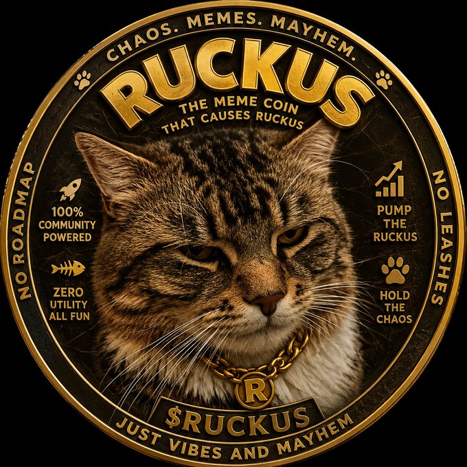 Meme coin design featuring a grumpy tabby cat with a gold chain bearing an 'R' medallion, titled 'RUCKUS - THE MEME COIN THAT CAUSES RUCKUS' with $RUCKUS ticker and slogans 'CHAOS. MEMES. MAYHEM.' and 'JUST VIBES AND MAYHEM.'