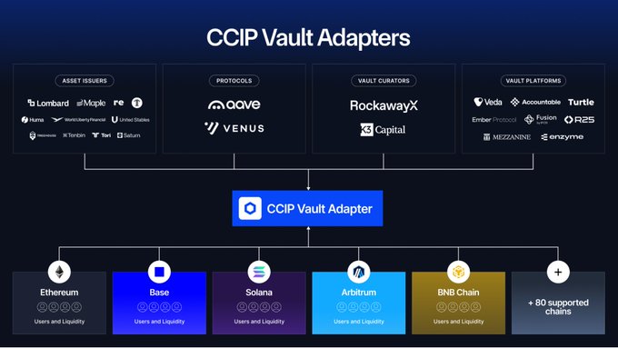 The image displays a diagram titled "CCIP Vault Adapters" showcasing integrations across four categories: Asset Issuers (Lombard, Maple, Re, Hum, World Liberty, United States, Trystable, Tori, Saturn), Protocols (Aave, Venus), Vault Curators (RockawayX, Capital), and Vault Platforms (Veda, Turtle, Ember, Protocol, Fusion, R25, MEZZANINE, Enzymo), all feeding into a central CCIP Vault Adapter that supports 6+ chains including Ethereum, Base, Solana, Arbitrum, and BNB Chain for users and liquidity.