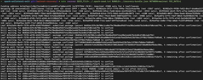 Terminal output showing spark-unilateral-exit recovery progress with funding address bc1qthgzcl6plfqykwh6rljrxqwk63/.../sats/=0.0579556/B/=/0, displaying logs of leaf blocks being skipped, submitted, and confirmed during an exit process.