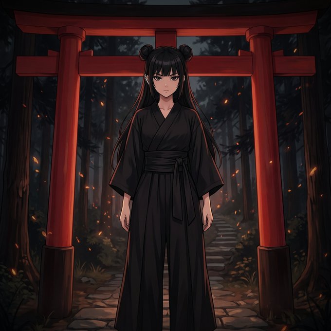 An anime-style illustration of a young woman with long black hair in twin buns, wearing a black kimono, standing in front of a red torii gate in a dark forest with glowing embers floating around her.