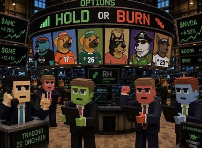 A cartoon trading floor scene showing blocky characters and dogs in jerseys under a 'HOLD OR BURN' sign, with stock tickers like $AMC, $NVDA, $GME, $DOGE, and $IBIT visible.