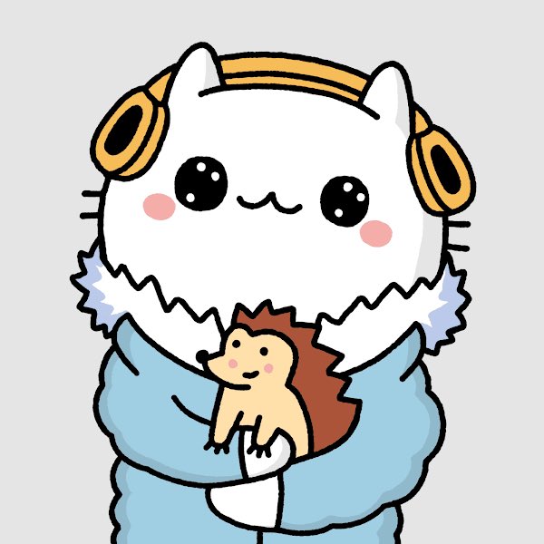 A cute cartoon illustration of a white cat-like character wearing yellow headphones and a blue jacket, holding a small hedgehog.