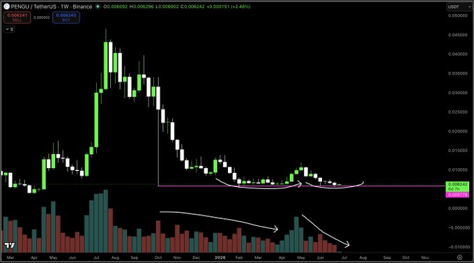 The image shows a weekly candlestick chart of PENGU/USDT on Binance, with the current price at $0.006062 and a 2.48% decline, displaying roughly six months of consolidation between $0.005 and $0.006 forming a double-bottom pattern on declining volume—visually supporting the post's thesis of accumulation ahead of a potential Solana-driven markup.