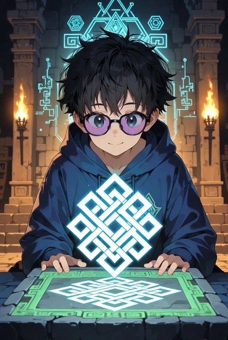 An anime-style character with messy black hair and purple-tinted glasses stands before a glowing blue geometric symbol in a temple-like setting, channeling energy onto a stone altar. The mystical ritual scene visualizes the "gRitual" branding from Ritual Net, depicting the cleansing and pledging of allegiance mentioned in the post.