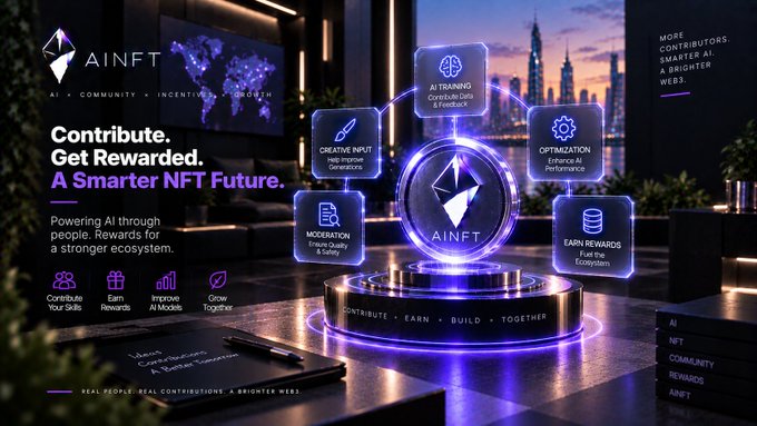 A promotional graphic for "AINFT" advertising its ecosystem with the tagline "Contribute. Get Rewarded. A Smarter NFT Future."