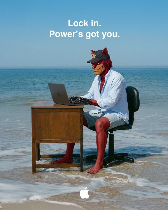 An Apple advertisement parody showing an anthropomorphic red fox wearing a cap and white shirt, typing on a MacBook while sitting at a desk on a beach, with text reading 'Lock in. Power's got you.'