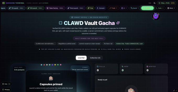 A dark-themed crypto website interface for "CLAWD Vault Gacha" showing vault-primed sections, on-chain receipts, and tabs for launch, binLaunch, token factory, and portfolio features.