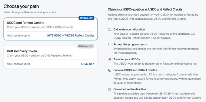 A screenshot of a cryptocurrency claim interface titled 'Choose your path' offering options for USDC and Reflect Credits or Drift Recovery Tokens, related to an April 1, 2026 exp exploit and Palindrom Engineering Inc.