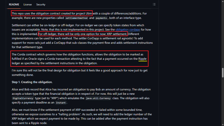 A GitHub README for Project Ubin detailing an obligation contract with settlement and payment interfaces, including XRP settlement options via CorDapp. The red-boxed text highlights XRP settlement functionality and the use of Corda transaction attestations for Ripple ledger payments, supporting claims that XRP integration is documented in the R3 codebase.