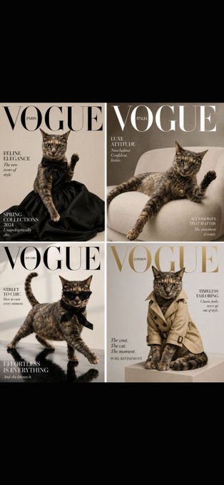 A collage of four Vogue magazine covers with the same tabby cat model wearing different outfits like a black dress, white suit, sunglasses, and trench coat in various poses.