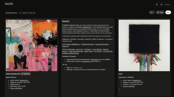 A 'MaNIC' NFT project page showing artist gallery items, descriptions, and SuperRare listings.