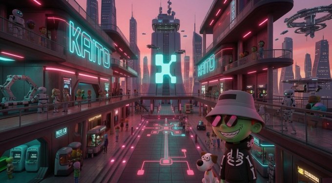 A vibrant cyberpunk-style illustration of a futuristic cityscape featuring a green-skinned character wearing a bucket hat and sunglasses, alongside a small dog, with neon 'KAITO' signs lighting up the scene.