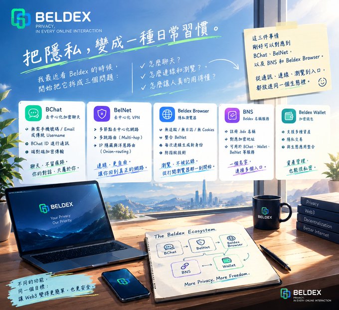 A Beldex promotional infographic in Chinese showcasing their privacy-focused ecosystem including BChat, BelNet, Beldex Browser, BNS, and Beldex Wallet, with sticky notes and a laptop displaying 'BELDEX - Your Privacy, Our Priority'.
