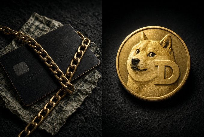 Split image showing a black Visa credit card entangled with a gold chain on newspaper (left) next to a gold Dogecoin (DOGE) coin featuring the Shiba Inu dog (right).