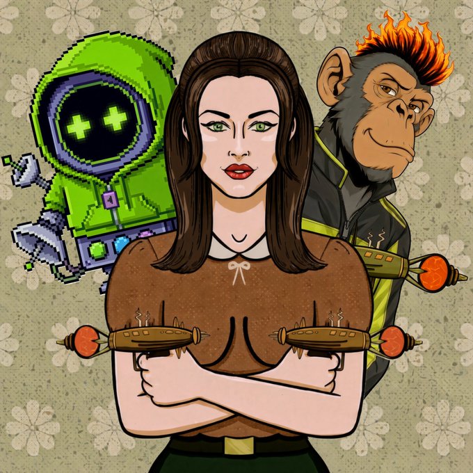 A stylized illustration featuring a woman with green eyes holding two blasters, with a hooded green-hooded robot character with X-shaped eyes on the left and a cyberpunk chimpanzee with fiery orange hair on the right, all set against a floral patterned background.