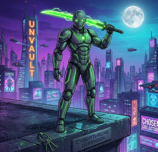 A futuristic cyberpunk illustration shows an armored figure wielding a glowing green sword atop a skyscraper, with city buildings displaying signs reading 'UNVAULT', 'SLIPPY', 'CYBERTHRONE DEFENDER', and 'CHOSEN COLLECTOR' under a full moon.
