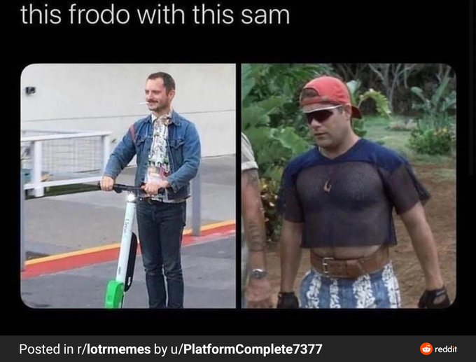 A Reddit meme from r/lotrmemes by u/PlatformComplete7377 comparing 'this frodo with this sam,' showing side-by-side images of the actors Elijah Wood (in a denim jacket) and Sean Astin (in a mesh shirt and red cap) from Lord of the Rings.