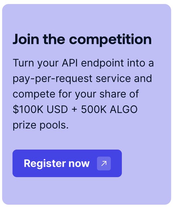 A promotional graphic with a light purple background invites developers to "Join the competition" by turning their API endpoint into a pay-per-request service to compete for a share of "$100K USD + 500K $ALGO prize pools," featuring a "Register now" button. The image serves as the call-to-action visual for the Algorand x402 global challenge, which details prize distributions including top 5 USD rewards and a 500K $ALGO pool for the top 20 leaderboard.