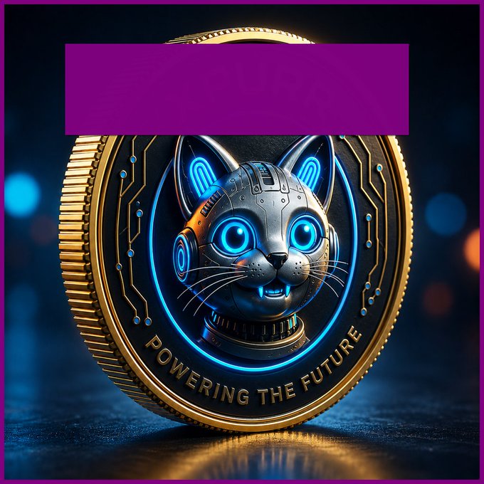 A futuristic golden coin featuring a robotic cat with glowing blue eyes and the text "POWERING THE FUTURE" is displayed against a dark background. The image visually represents the "AI Robot Kitty Ecosystem" cryptocurrency, with the mechanical feline mascot symbolizing the AI-driven theme.