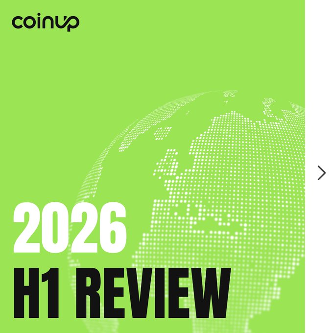 A green promotional graphic for 'coinup' featuring '2026 H1 REVIEW' text alongside a dotted globe illustration.