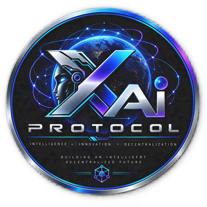 A circular metallic logo for 'X AI PROTOCOL' features a robotic female head silhouette and an Earth globe, with the tagline 'INTELLIGENCE • INNOVATION • DECENTRALIZATION' and 'BUILDING AN INTELLIGENT DECENTRALIZED FUTURE'.