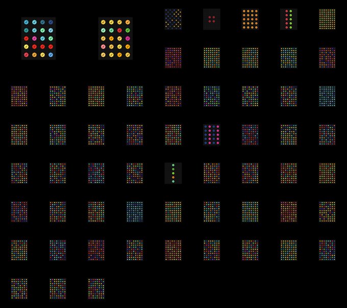A grid of colorful LED dot matrix displays arranged on a black background, each showing various colored patterns with two larger multi-colored displays at the top.