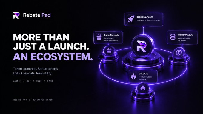 A dark promotional graphic for “Rebate Pad” reads “MORE THAN JUST A LAUNCH. AN ECOSYSTEM.” and highlights token launches, buyer rewards, holder payouts, and $REBATE.