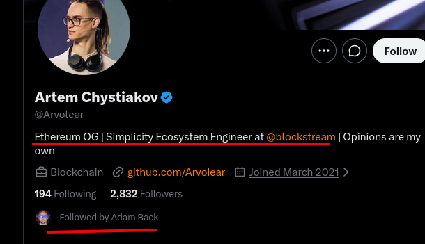 A Twitter/X profile for 'Artem Chystiakov' (@Arvolear), described as an 'Ethereum OG | Simplicity Ecosystem Engineer at @blockstream', with the @blockstream handle and 'Followed by Adam Back' underlined in red.