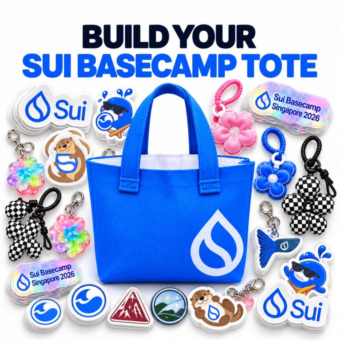 A promotional image for building a Sui Basecamp tote bag, featuring a blue Sui-branded tote surrounded by various merchandise like stickers, keychains, and pins for Sui Basecamp Singapore 2026.