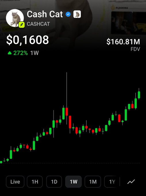 A cryptocurrency price chart for "Cash Cat" (CASHCAT) showing a current price of $0.1608 with a 272% gain over 1 week and a $160.81M FDV, displayed as a candlestick chart with a predominantly upward trend.