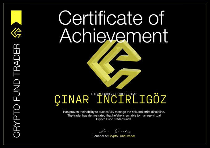 A black and gold "Certificate of Achievement" from Crypto Fund Trader, awarded to **Çınar İncirlioğöz** for demonstrating the ability to manage virtual Crypto Fund Trader funds through risk management and discipline, signed by the Founder of Crypto Fund Trader. The certificate is being used as promotional material by a self-proclaimed "best CMO" to announce a giveaway of 5x $10K accounts to followers of @CFTradercom.