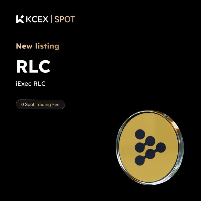 A promotional graphic from KCEX SPOT announcing a new listing for 'RLC' (iExec RLC) token with '0 Spot Trading Fee' featuring a gold coin with the iExec logo.