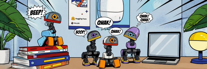 A colorful cartoon illustration featuring several small, expressive robots on a desk, making sounds like 'BEEP!', 'QWAK!', and 'CHWAK! CHWAK!' near a stack of books, a laptop, and a poster that says 'Hugging Face' and 'PULSAR'.