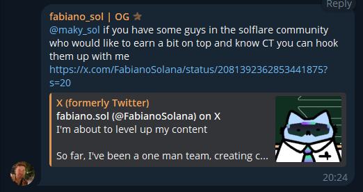 A Telegram message from "fabiano_sol" with the "OG" badge tags "@maky_sol," offering to connect them with Solflare community members interested in earning extra income and learning about CT, while linking to their X profile. The accompanying post emphasizes that being a Guardian grants access to valuable connections and opportunities, which aligns with fabiano_sol's networking offer and the embedded X card highlighting their solo content creation.