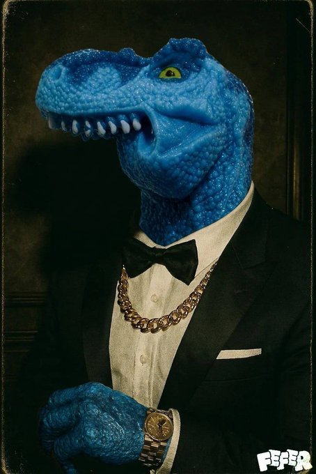 A portrait of a blue dinosaur (resembling a raptor) wearing a formal black tuxedo with a white shirt, black bow tie, gold chain necklace, and gold watch, signed 'FEPER' in the corner.