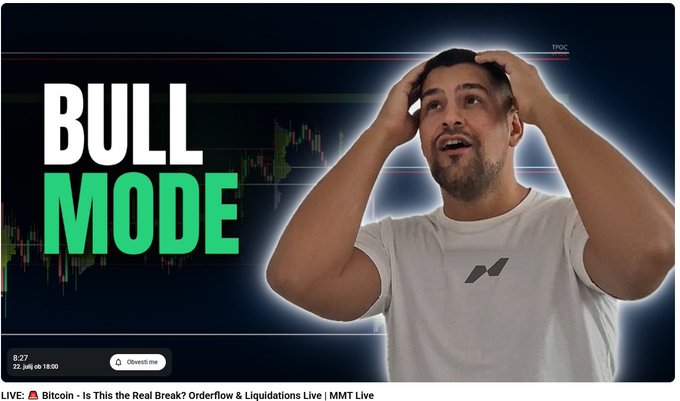 A YouTube thumbnail titled 'BULL MODE' featuring a man in a white shirt with his hands on his head, with a Bitcoin/price chart background and text reading 'Bitcoin - Is This the Real Break? Orderflow & Liquidations Live | MMT Live'.