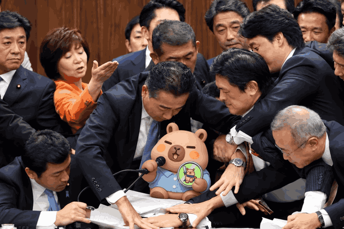 A crowded scene of Japanese politicians in suits gathered around a desk, seemingly in a heated discussion during a parliamentary proceeding.