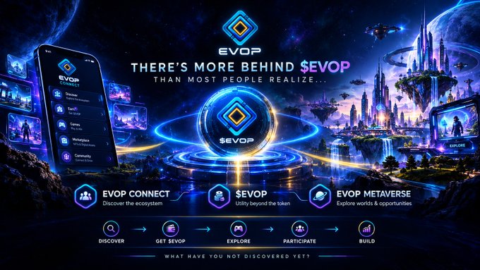 A futuristic digital advertisement for '$EVOP' cryptocurrency and its metaverse ecosystem, featuring a glowing logo, smartphone mockup, and a fantasy cityscape background.