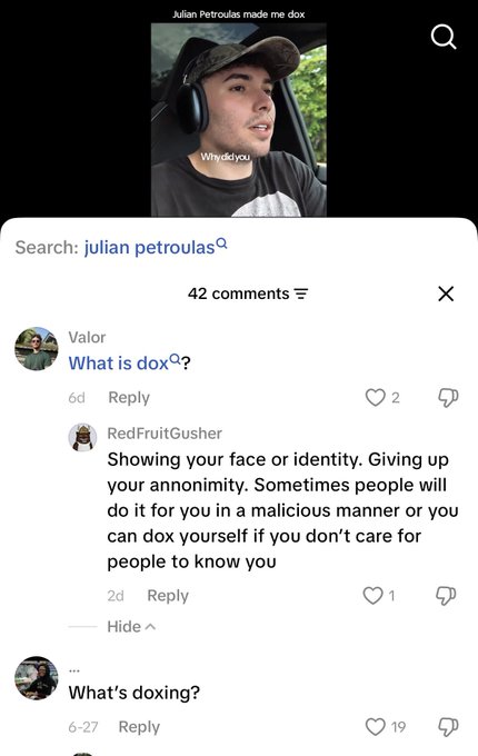 A screenshot of an Instagram search for "julian petroulas" shows a TikTok video captioned "Julian Petroulas made me dox" with comments explaining "dox" as revealing one's face or identity. The exchange, where users ask "What is dox?" with 42 comments, illustrates the poster's point about TikTok's unfamiliarity with the concept of being "undoxxed," suggesting memecoin culture will shift toward doxxed creators on short-form platforms.