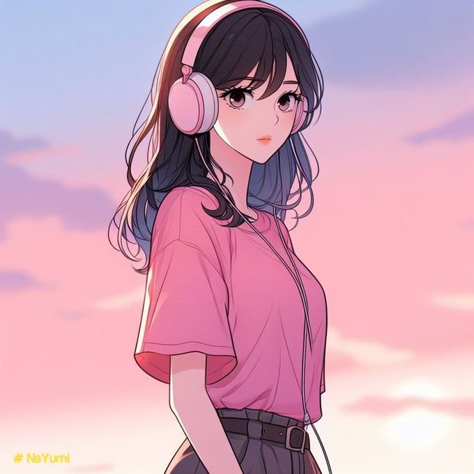 An anime-style illustration by 'NaYumi' depicts a girl with long dark hair wearing pink headphones and a pink t-shirt against a pink sunset sky.