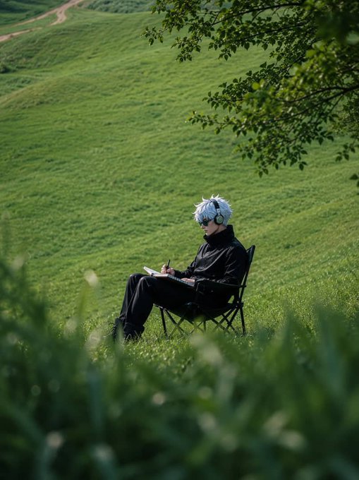 A person with white spiky hair and headphones sits in a folding chair on a vibrant green hillside, writing in a notebook beneath the shade of tree branches.