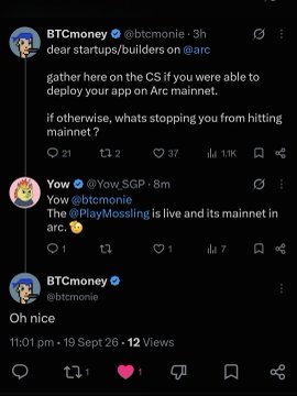 A Twitter thread from BTCmoney (@btcmonie) on September 19, 2025, addressing startups/developers on @arc to share what would stop them from deploying their apps on Arc mainnet, with Yow (@Yow.SGP) confirming that "PlayMossling" is live and its mainnet on Arc. The image relates to the post about a token CA (0xafa78bc7c2e1142f4b2a225ae4aee17d6b7d7f01) by showcasing community engagement and app deployment activity on the Arc network, suggesting "PlayMossling" as a legitimate alpha project with active development.