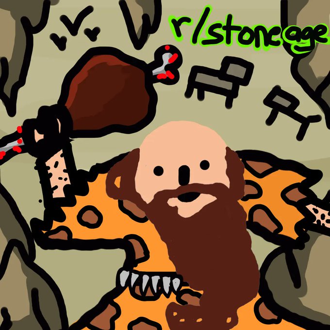 A cartoonish drawing of a caveman holding a large bone club, with 'r/stoneage' written in green text in the upper right corner.
