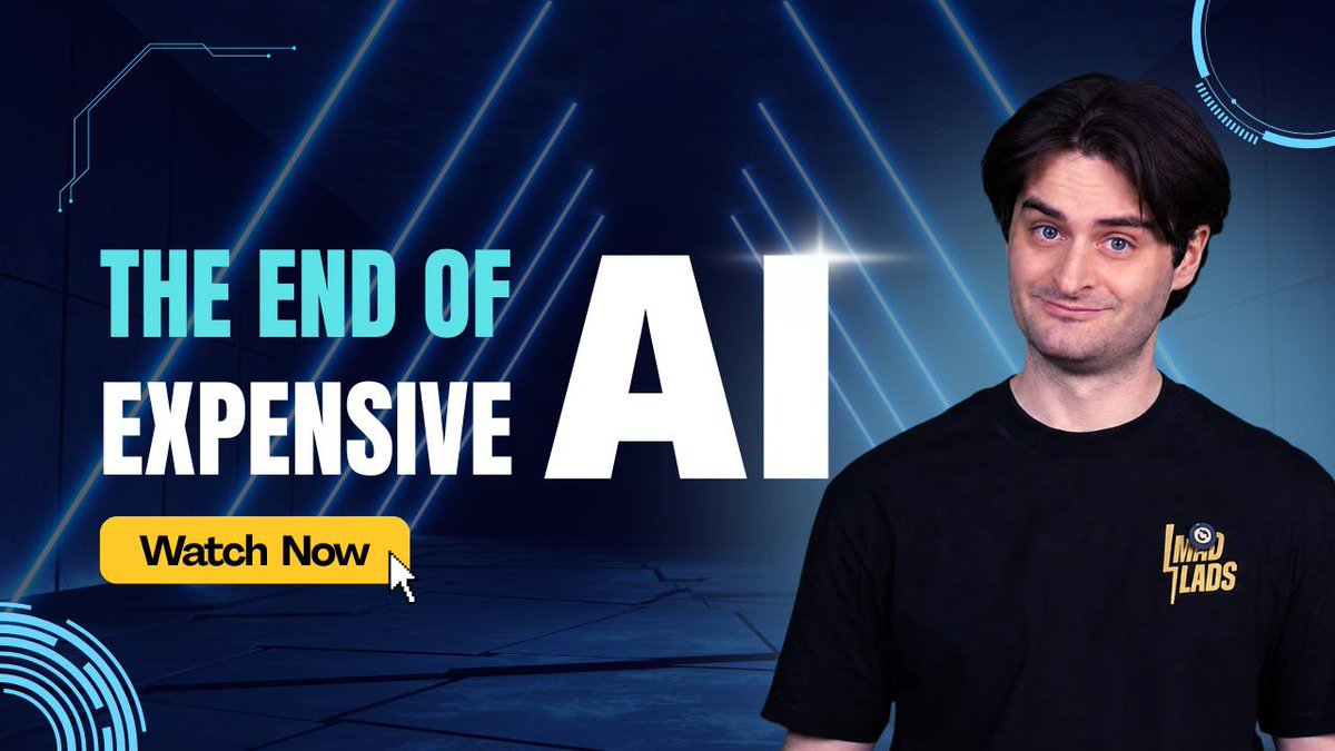 A YouTube thumbnail featuring a man in a black 'Limp Lads' t-shirt with text 'THE END OF EXPENSIVE AI' and a yellow 'Watch Now' button against a dark blue tech-themed background.