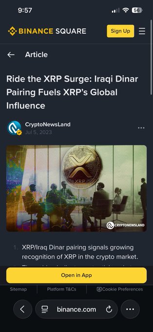 A mobile screenshot from Binance Square showing an article titled 'Ride the XRP Surge: Iraqi Dinar Pairing Fuels XRP's Global Influence' by CryptoNewsLand, dated July 5, 2023.