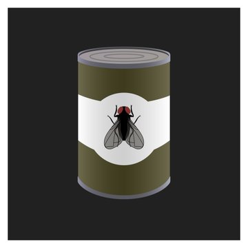 A stylized illustration of an olive-green tin can with a white label featuring a drawing of a housefly on a black background.