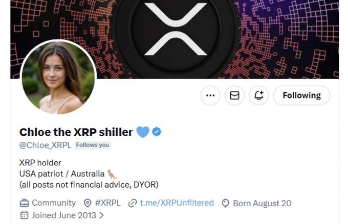 The image shows the X (formerly Twitter) profile of "Chloe the XRP shiller" (@Chloe_XRPL), an XRP holder and USA patriot based in Australia, featuring her bio, profile photo, and XRP-themed banner. The accompanying post shows her appealing to the #XRP community for likes and follows as she approaches her 30,000-follower milestone.