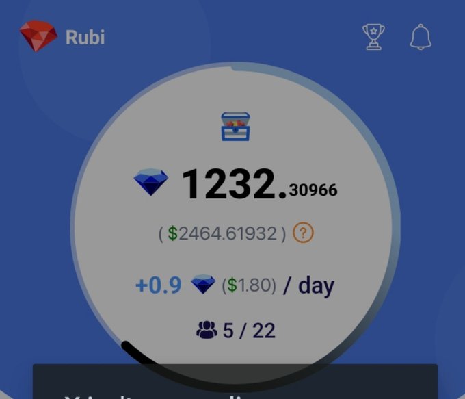 A Rubi app dashboard displays a user's mining progress with 1232.30966 RUBI tokens (worth $2464.61932), earning +0.9 RUBI ($1.80) per day with 5 of 22 referrals, aligning with the post's hype about the $RUBI token launch.